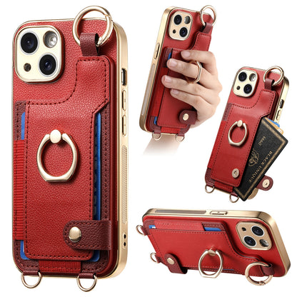 ELECTROPRIME For iPhone 15 Fashion Ring Card Bag Phone Case with Hang Loop(Red)