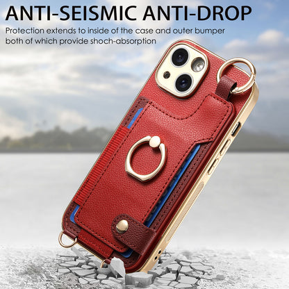 ELECTROPRIME For iPhone 15 Fashion Ring Card Bag Phone Case with Hang Loop(Red)