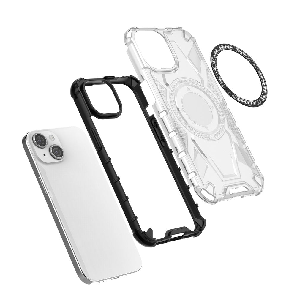 ELECTROPRIME For iPhone 15 MagSafe Armor Holder PC Hybrid TPU Phone Case(White)