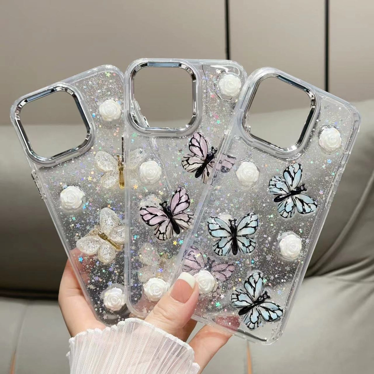 ELECTROPRIME For iPhone 15 Plus Glitter 3D Butterfly TPU Phone Case(Pink)