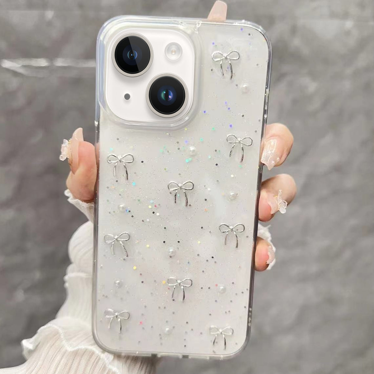 ELECTROPRIME For iPhone 15 Plus Small Fresh Bow TPU Phone Case(Silver Bow)