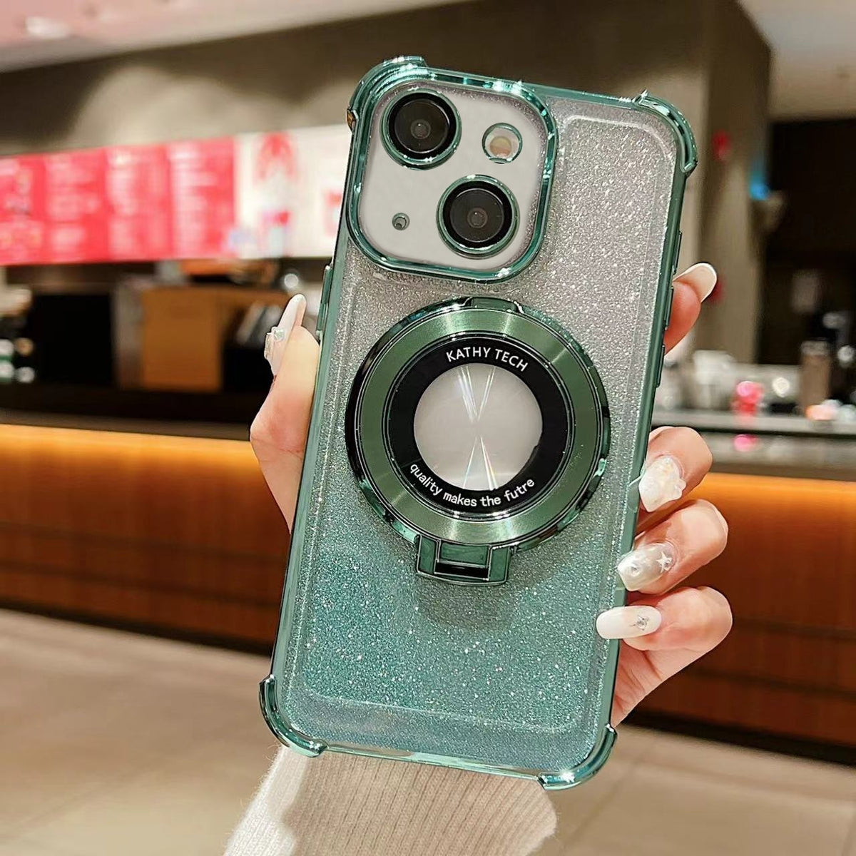 ELECTROPRIME For iPhone 15 Invisible Holder Gradient Glitter Magsafe Phone Case(Pine Green)
