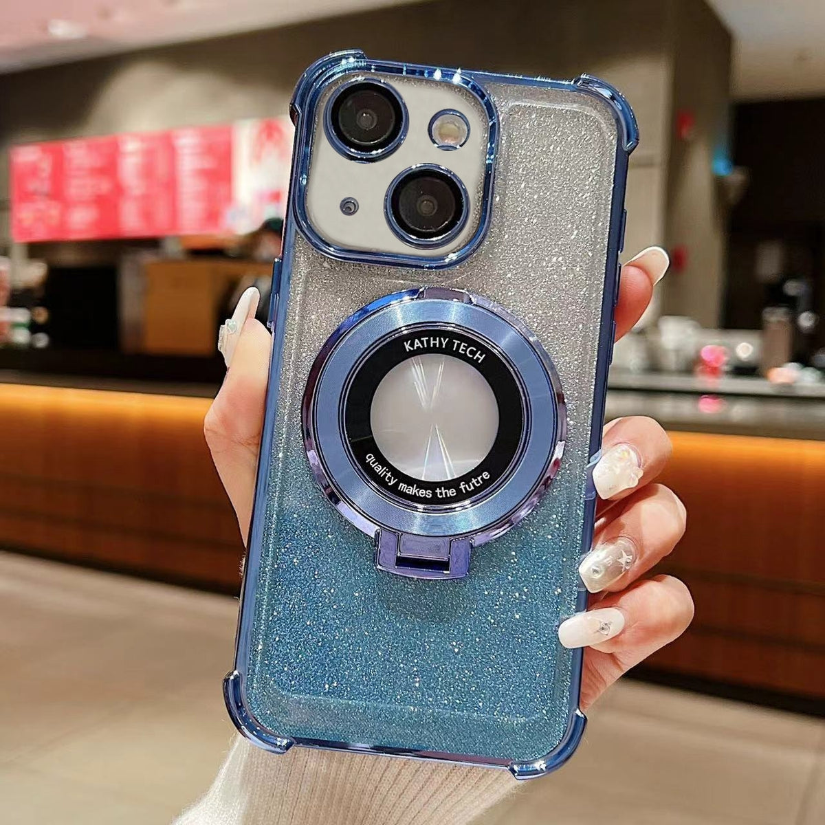 ELECTROPRIME For iPhone 15 Invisible Holder Gradient Glitter Magsafe Phone Case(Sierra Blue)