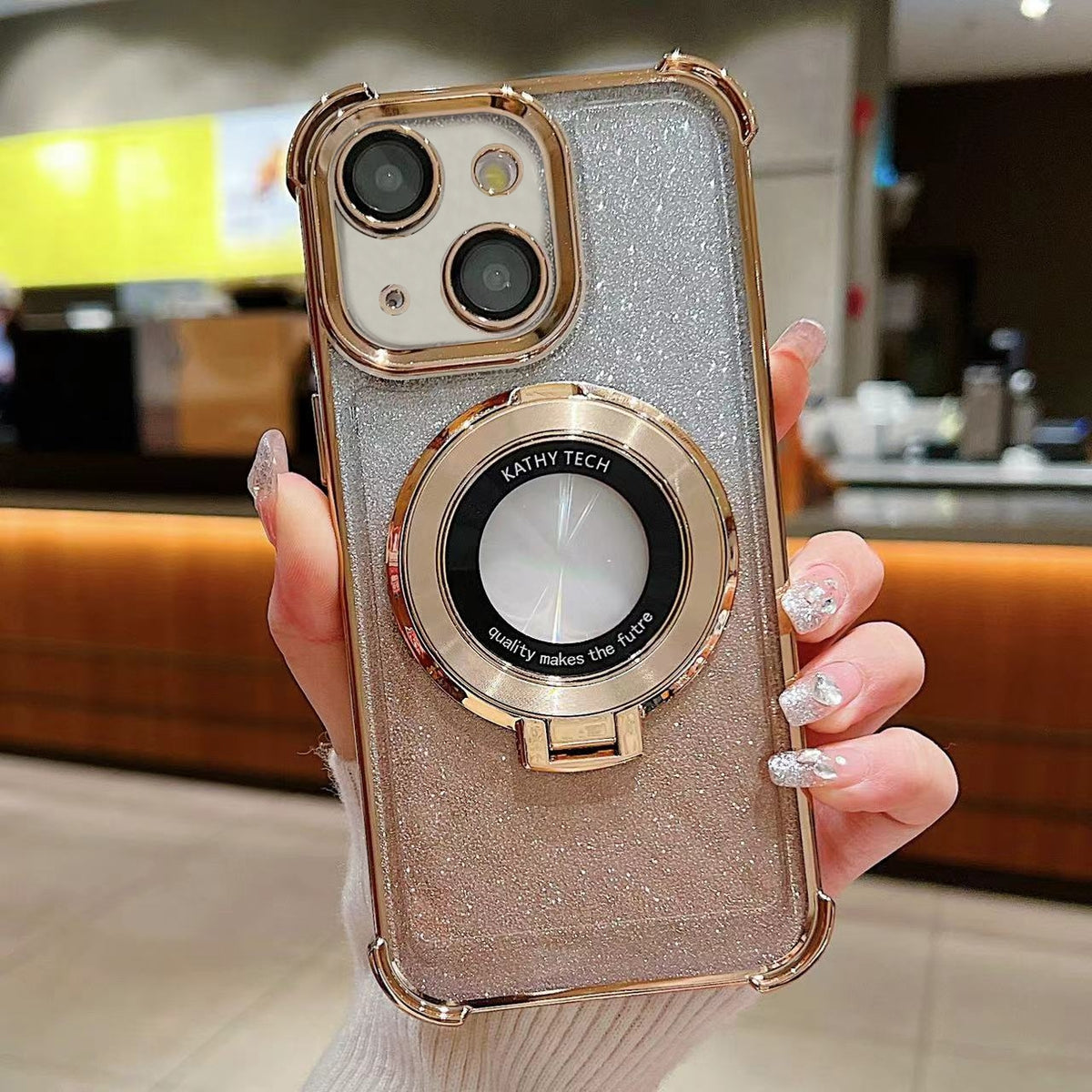 ELECTROPRIME For iPhone 15 Invisible Holder Gradient Glitter Magsafe Phone Case(Gold)