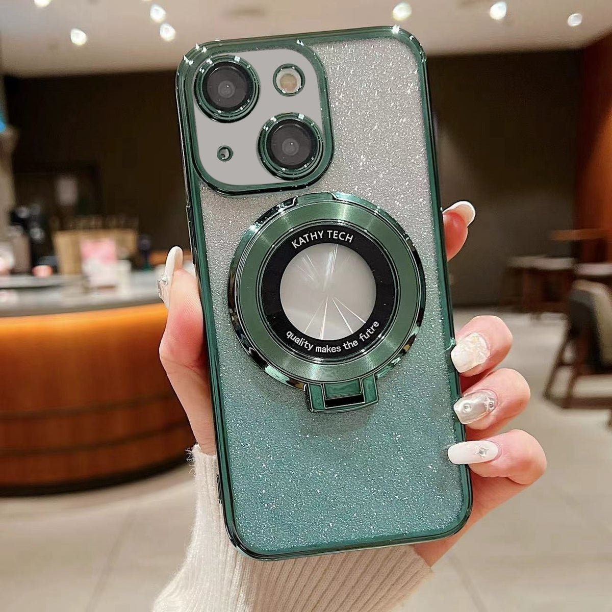ELECTROPRIME For iPhone 15 Plus Electroplated Holder Gradient Glitter MagSafe Phone Case(Green)