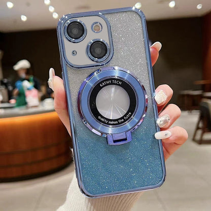 ELECTROPRIME For iPhone 15 Electroplated Holder Gradient Glitter MagSafe Phone Case(Blue)