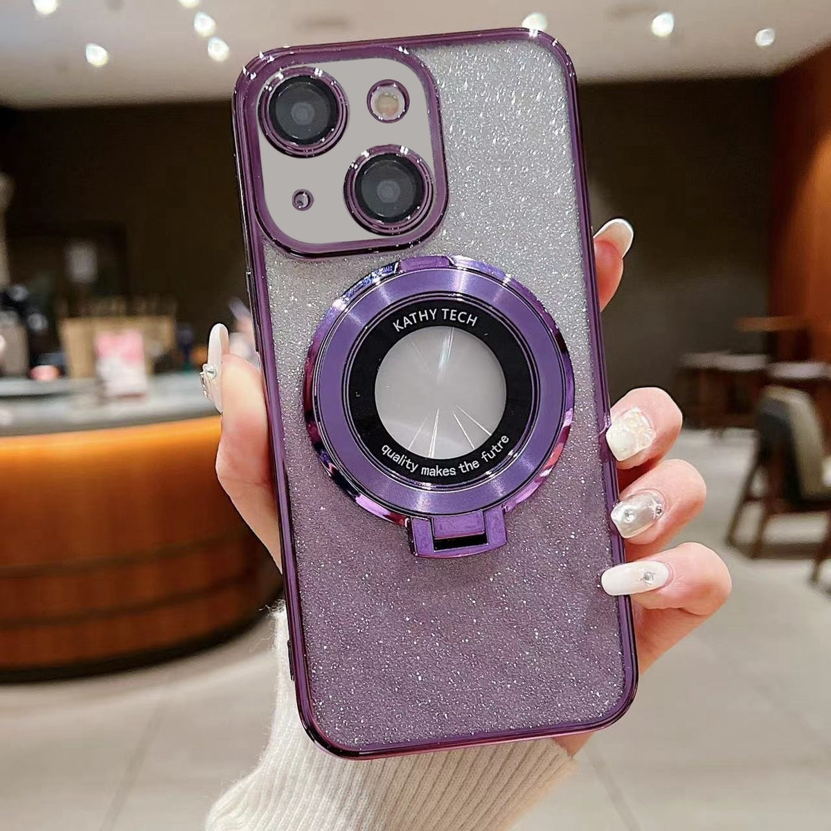 ELECTROPRIME For iPhone 15 Electroplated Holder Gradient Glitter MagSafe Phone Case(Purple)
