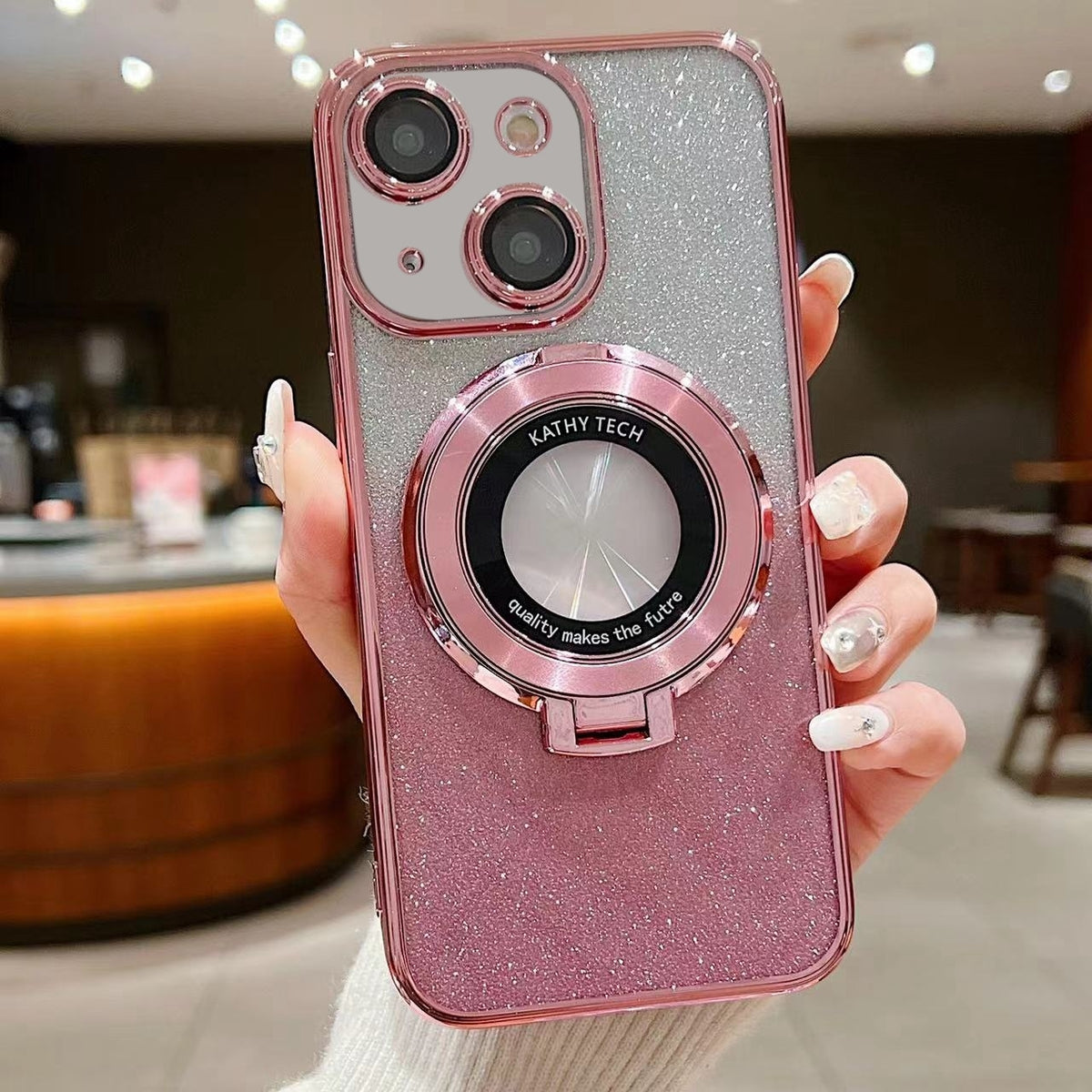 ELECTROPRIME For iPhone 15 Electroplated Holder Gradient Glitter MagSafe Phone Case(Pink)