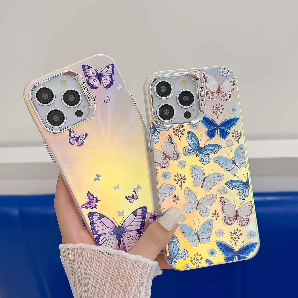 ELECTROPRIME For iPhone 15 Electroplating Laser Butterfly Phone Case(Purple Butterflies AB3)