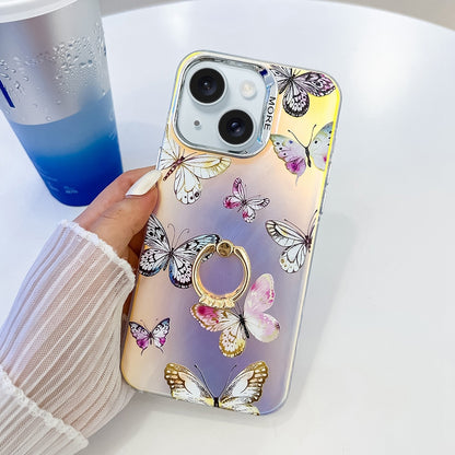 ELECTROPRIME For iPhone 15 Electroplating Laser Butterfly Ring Holder Phone Case(Pink Butterflies AB2)