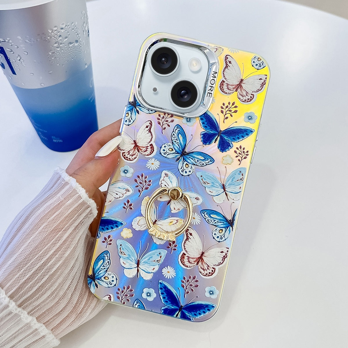 ELECTROPRIME For iPhone 15 Electroplating Laser Butterfly Ring Holder Phone Case(Blue Butterflies AB4)
