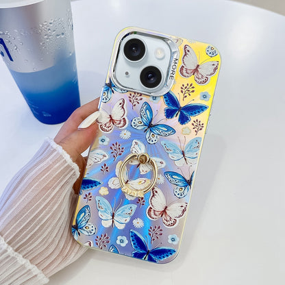 ELECTROPRIME For iPhone 15 Electroplating Laser Butterfly Ring Holder Phone Case(Blue Butterflies AB4)