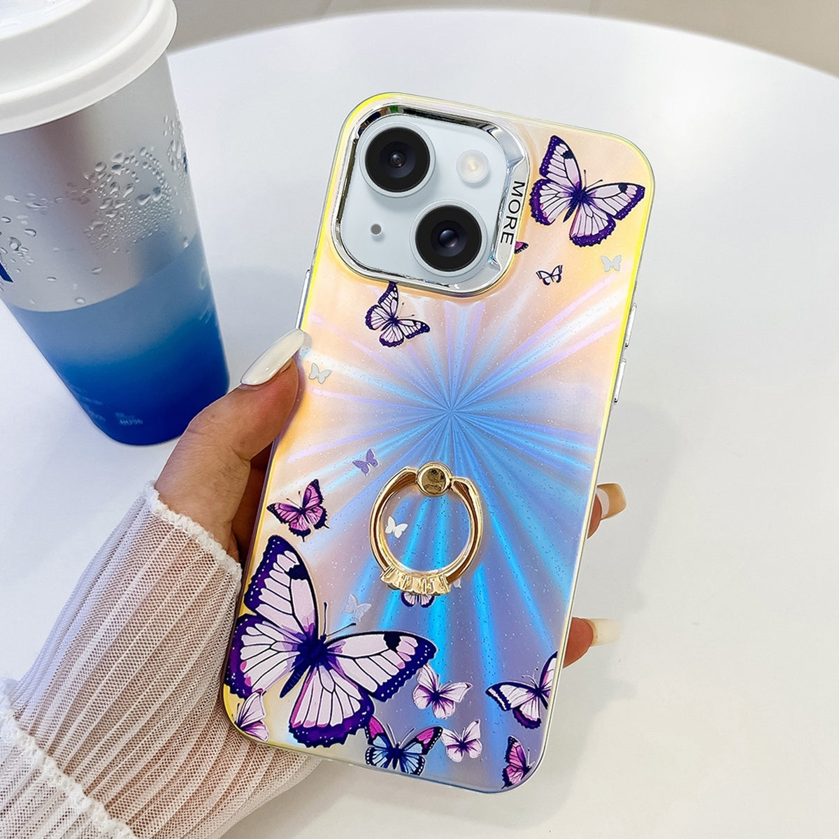 ELECTROPRIME For iPhone 15 Electroplating Laser Butterfly Ring Holder Phone Case(Purple Butterflies AB3)