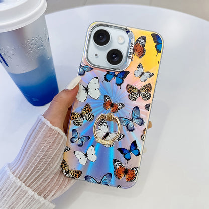 ELECTROPRIME For iPhone 15 Electroplating Laser Butterfly Ring Holder Phone Case(Color Butterflies AB1)