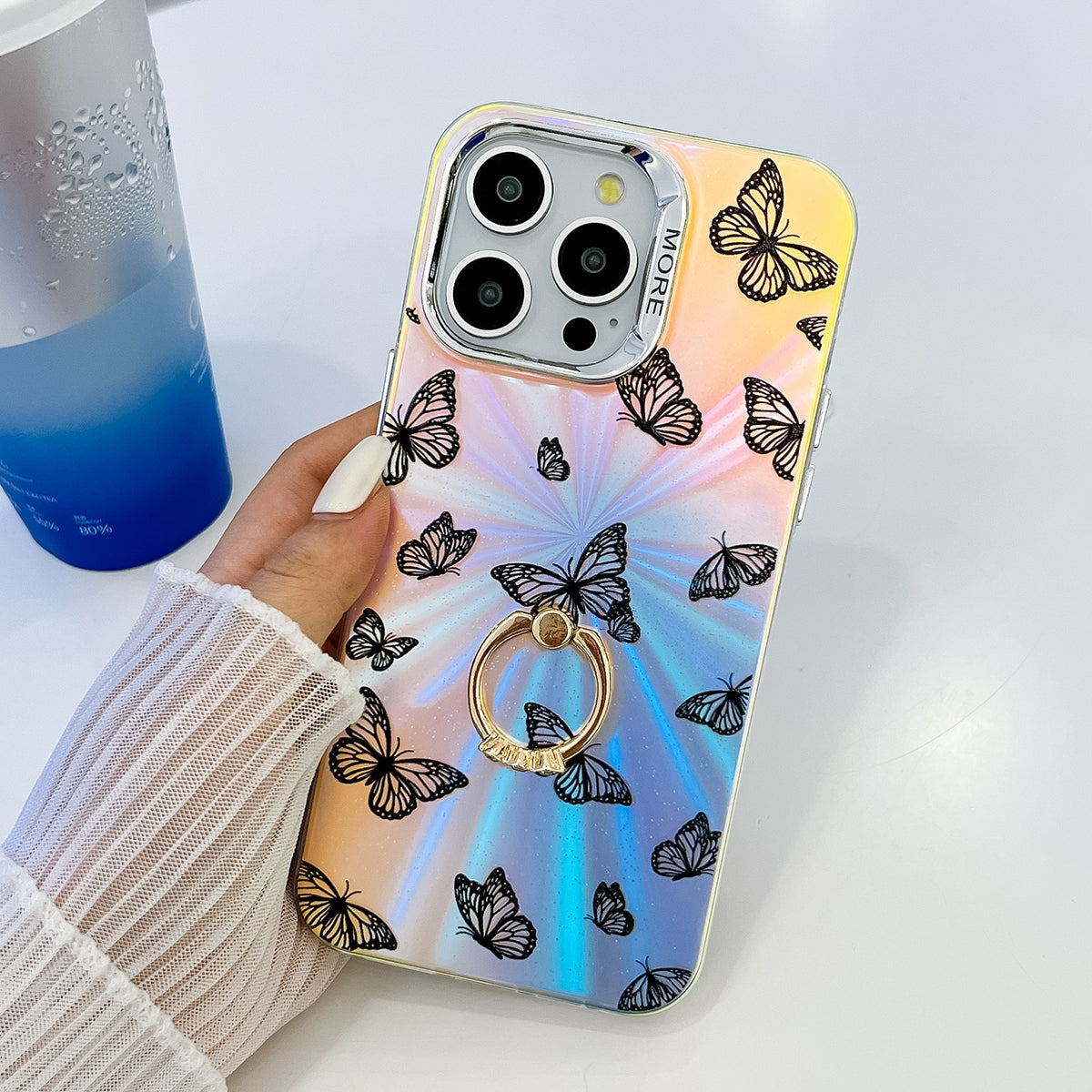 ELECTROPRIME For iPhone 15 Electroplating Laser Butterfly Ring Holder Phone Case(Color Butterflies AB1)