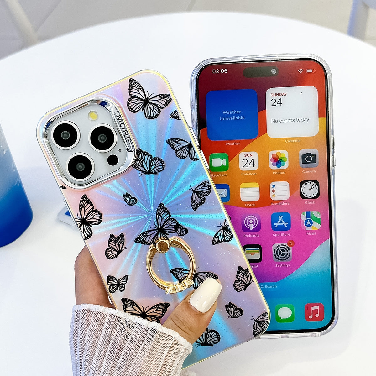 ELECTROPRIME For iPhone 15 Electroplating Laser Butterfly Ring Holder Phone Case(Color Butterflies AB1)