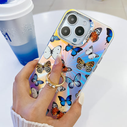 ELECTROPRIME For iPhone 15 Electroplating Laser Butterfly Ring Holder Phone Case(Color Butterflies AB1)