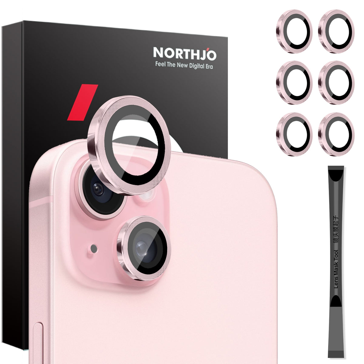 ELECTROPRIME For iPhone 15 / 15 Plus / 14 / 14 Plus NORTHJO 3 Set 6pcs Camera Lens Protector Cover Metal Ring Film(Pink)