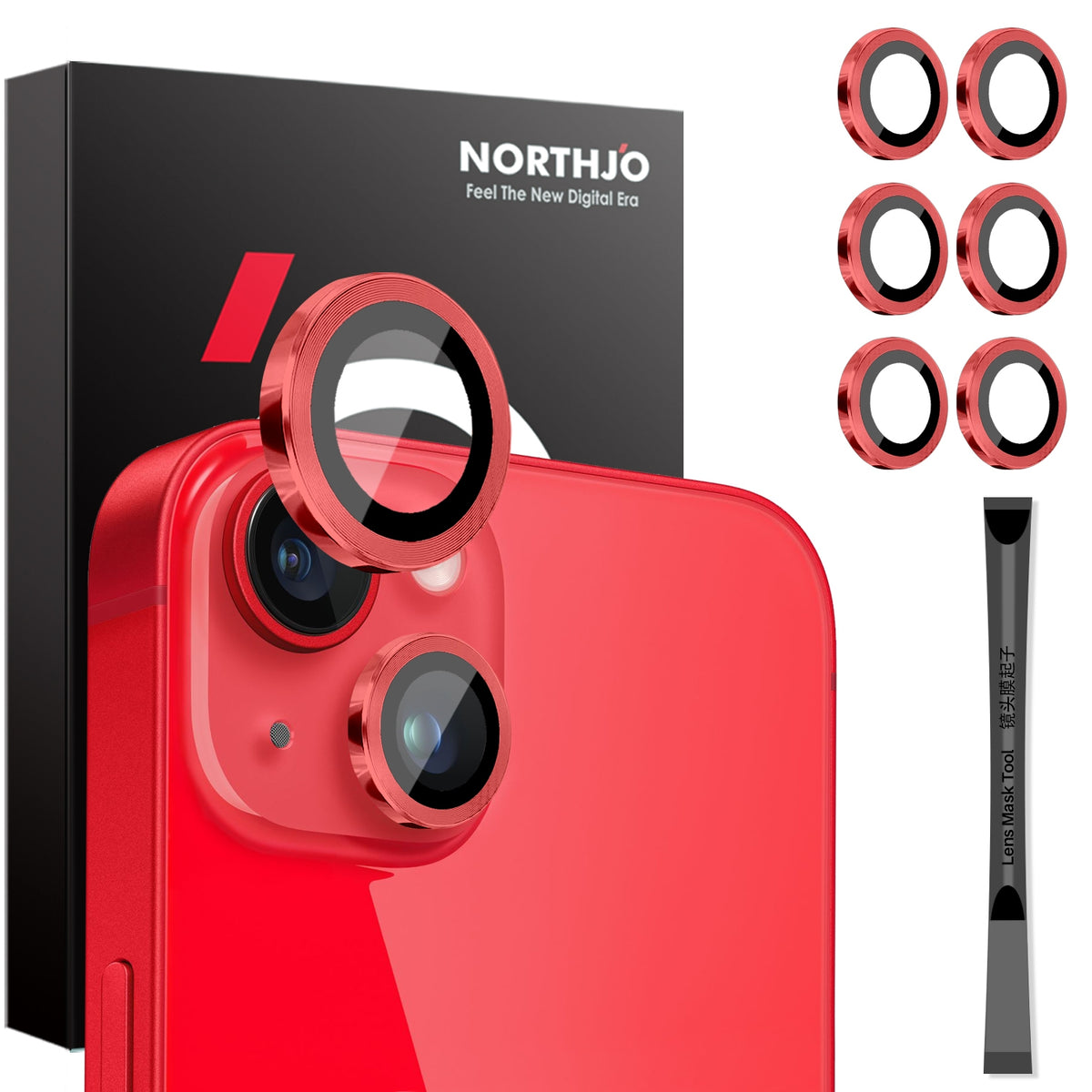 ELECTROPRIME For iPhone 15 / 15 Plus / 14 / 14 Plus NORTHJO 3 Set 6pcs Camera Lens Protector Cover Metal Ring Film(Red)