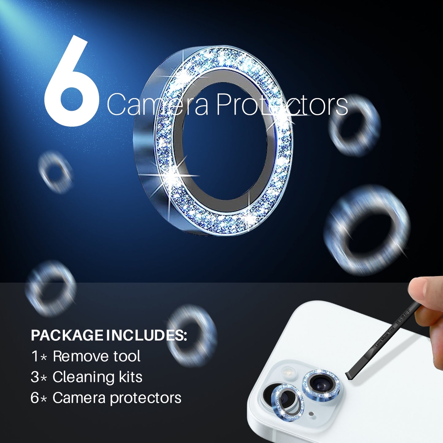 ELECTROPRIME For iPhone 15 / 15 Plus / 14 / 14 Plus NORTHJO 3 Set 6pcs Camera Lens Protector Glitter Metal Ring Film(Blue)
