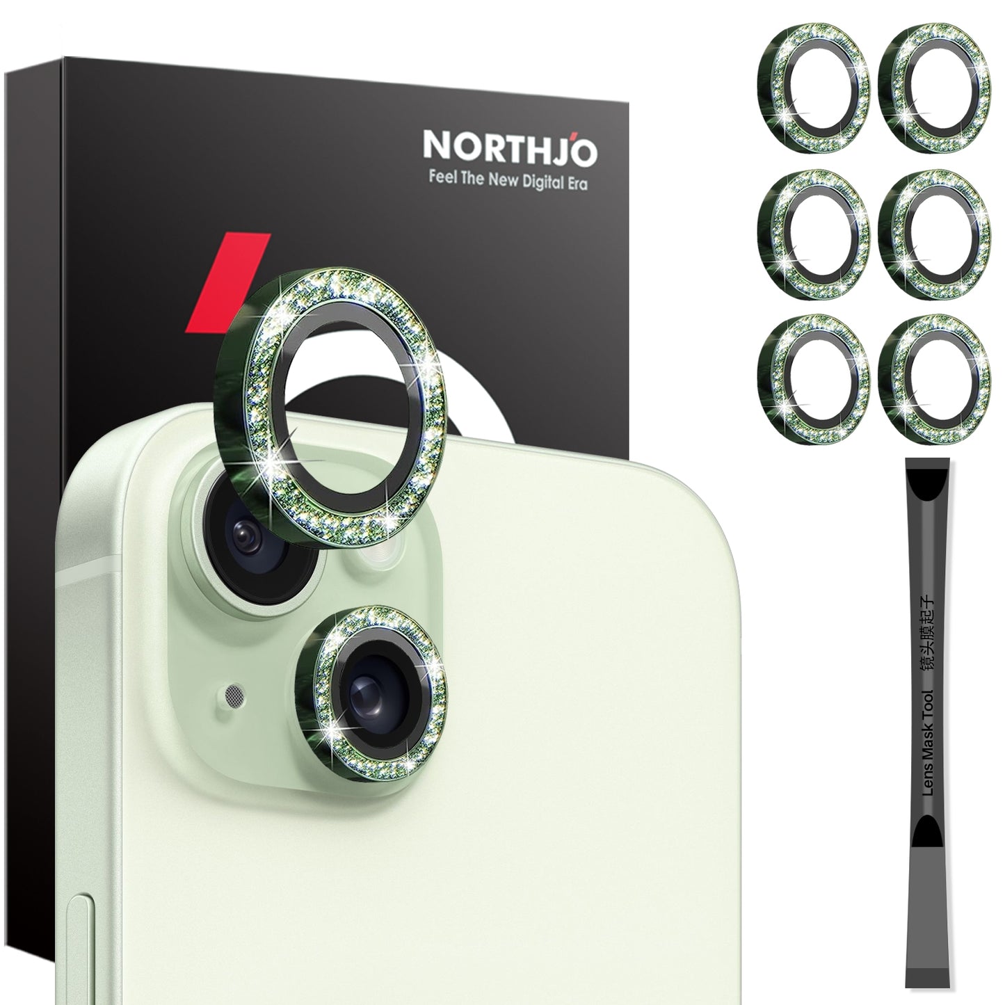 ELECTROPRIME For iPhone 15 / 15 Plus / 14 / 14 Plus NORTHJO 3 Set 6pcs Camera Lens Protector Glitter Metal Ring Film(Green)