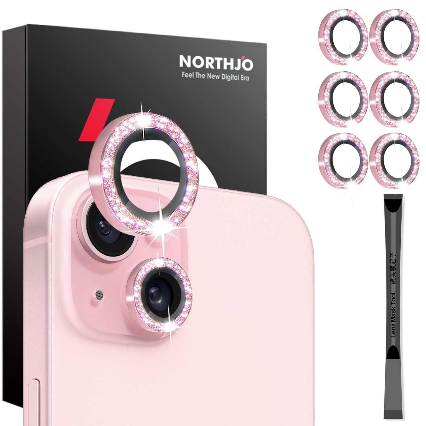 ELECTROPRIME For iPhone 15 / 15 Plus / 14 / 14 Plus NORTHJO 3 Set 6pcs Camera Lens Protector Glitter Metal Ring Film(Pink)