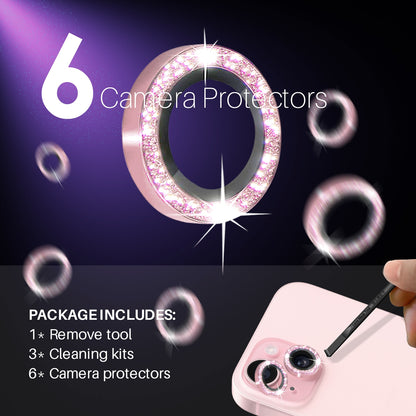 ELECTROPRIME For iPhone 15 / 15 Plus / 14 / 14 Plus NORTHJO 3 Set 6pcs Camera Lens Protector Glitter Metal Ring Film(Pink)