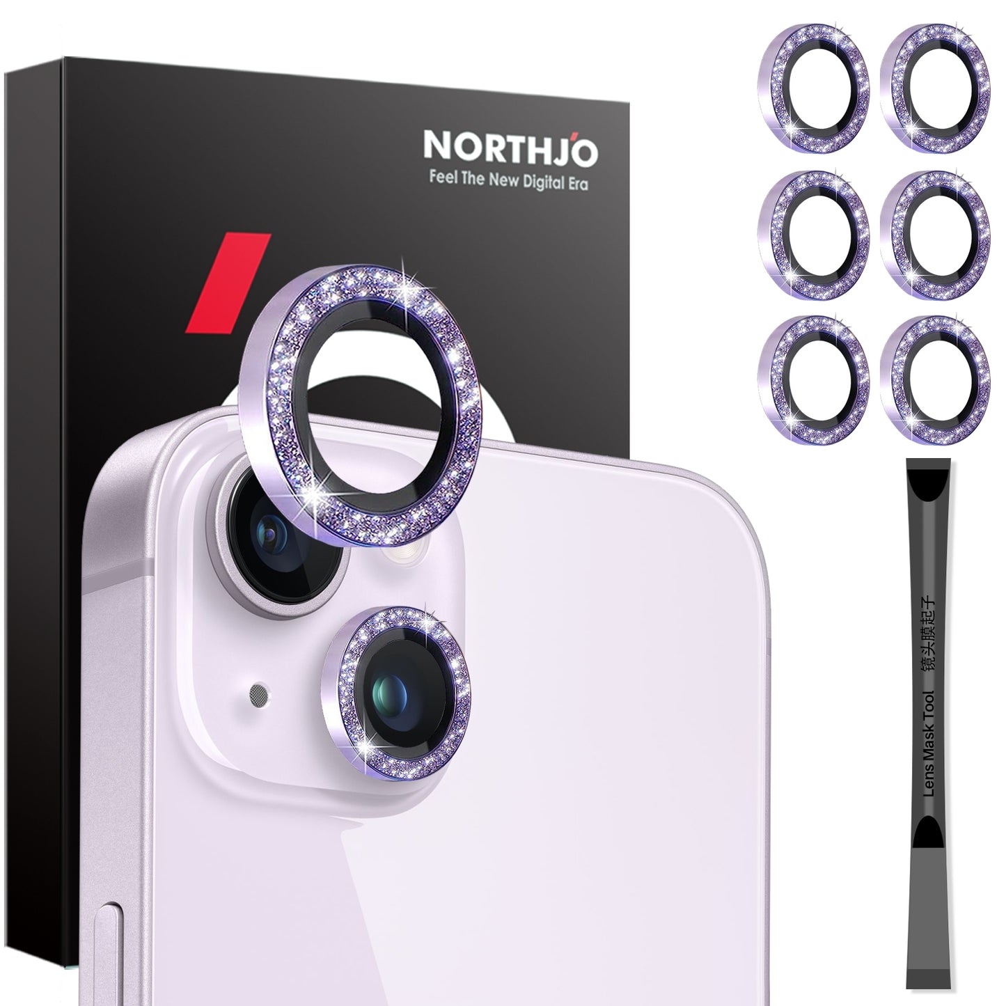 ELECTROPRIME For iPhone 15 / 15 Plus / 14 / 14 Plus NORTHJO 3 Set 6pcs Camera Lens Protector Glitter Metal Ring Film(Purple)