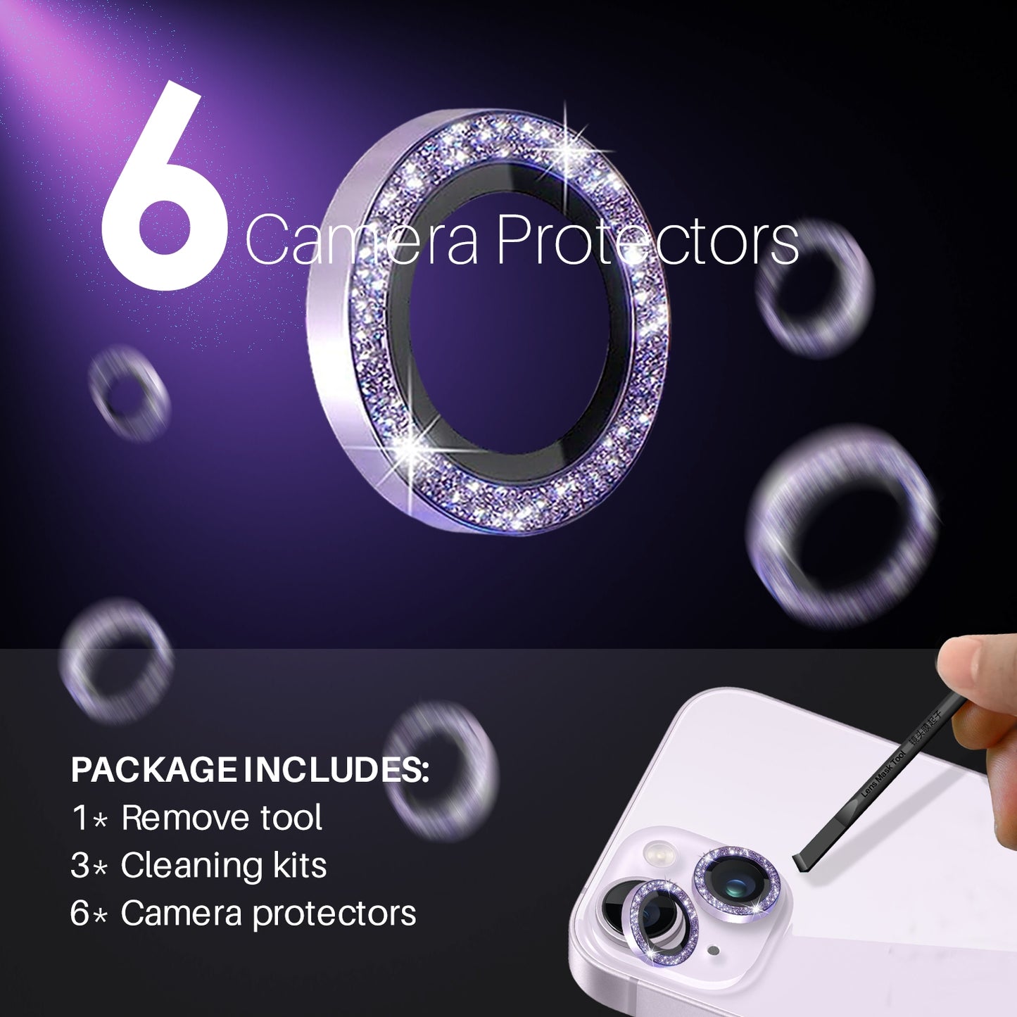 ELECTROPRIME For iPhone 15 / 15 Plus / 14 / 14 Plus NORTHJO 3 Set 6pcs Camera Lens Protector Glitter Metal Ring Film(Purple)