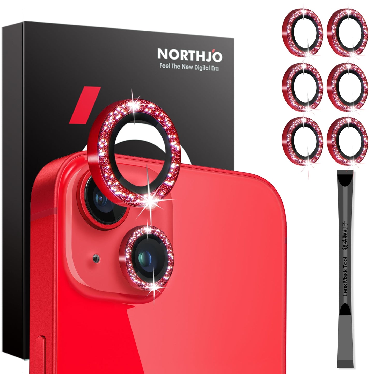 ELECTROPRIME For iPhone 15 / 15 Plus / 14 / 14 Plus NORTHJO 3 Set 6pcs Camera Lens Protector Glitter Metal Ring Film(Red)