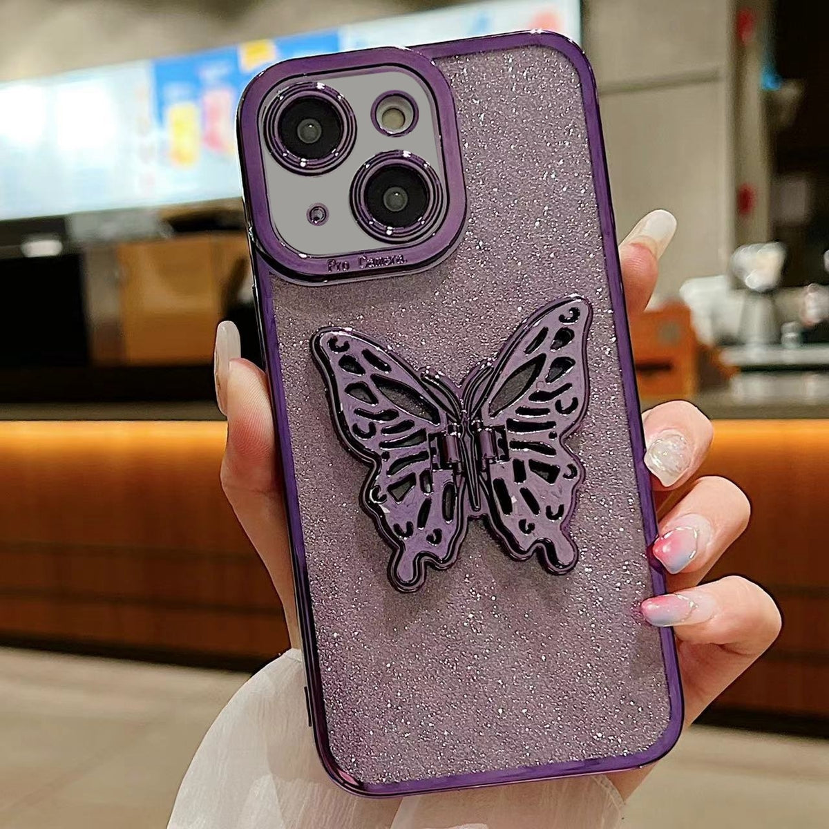 ELECTROPRIME For iPhone 15 Plus Electroplated Glitter 3D Butterfly TPU Phone Case(Dark Night Purple)