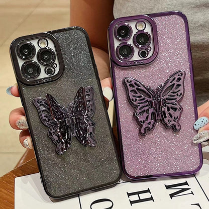 ELECTROPRIME For iPhone 15 Plus Electroplated Glitter 3D Butterfly TPU Phone Case(Dark Night Purple)
