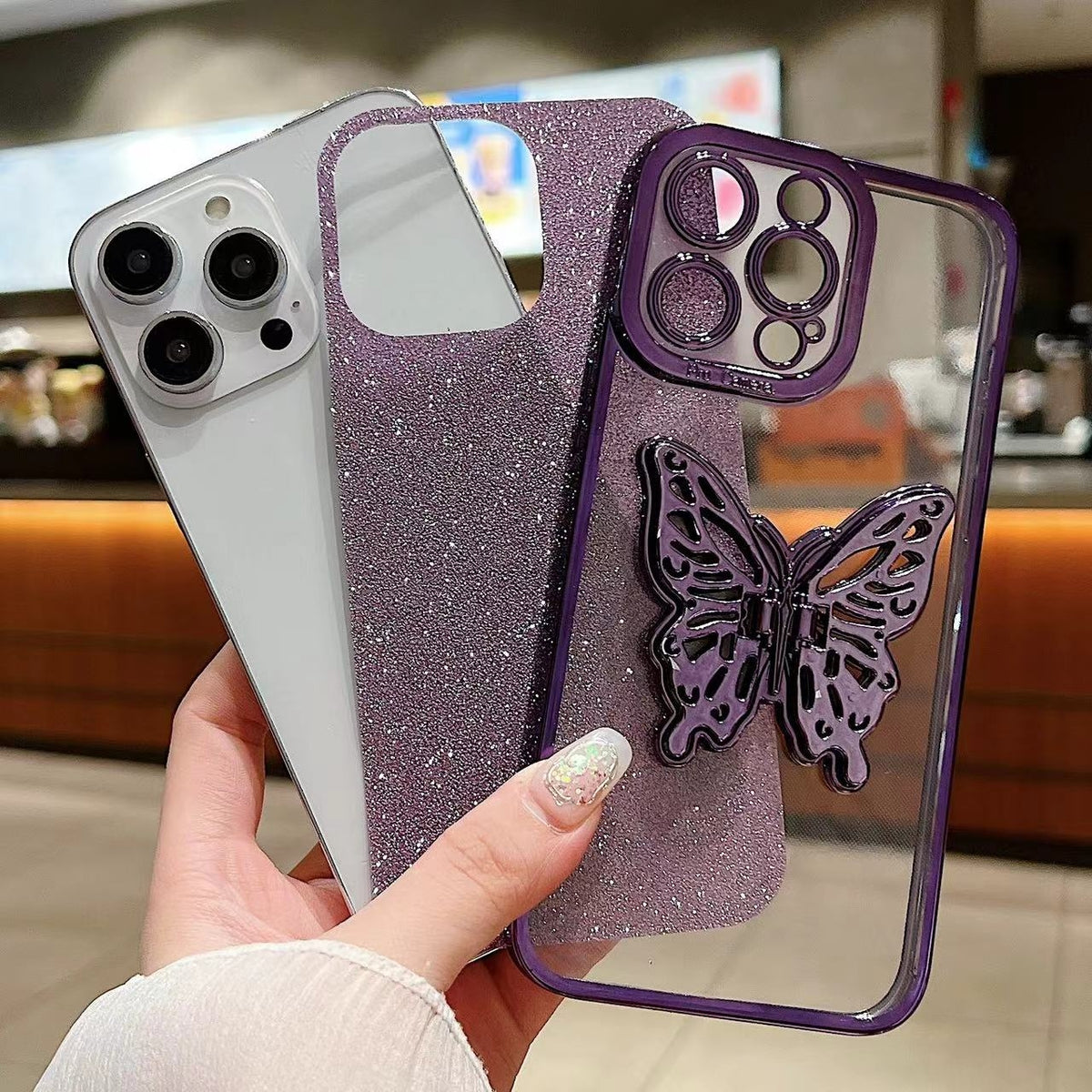 ELECTROPRIME For iPhone 15 Plus Electroplated Glitter 3D Butterfly TPU Phone Case(Dark Night Purple)