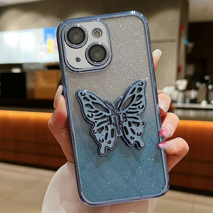 ELECTROPRIME For iPhone 15 Plus Electroplated Gradient Glitter 3D Butterfly TPU Phone Case(Gradient Blue)