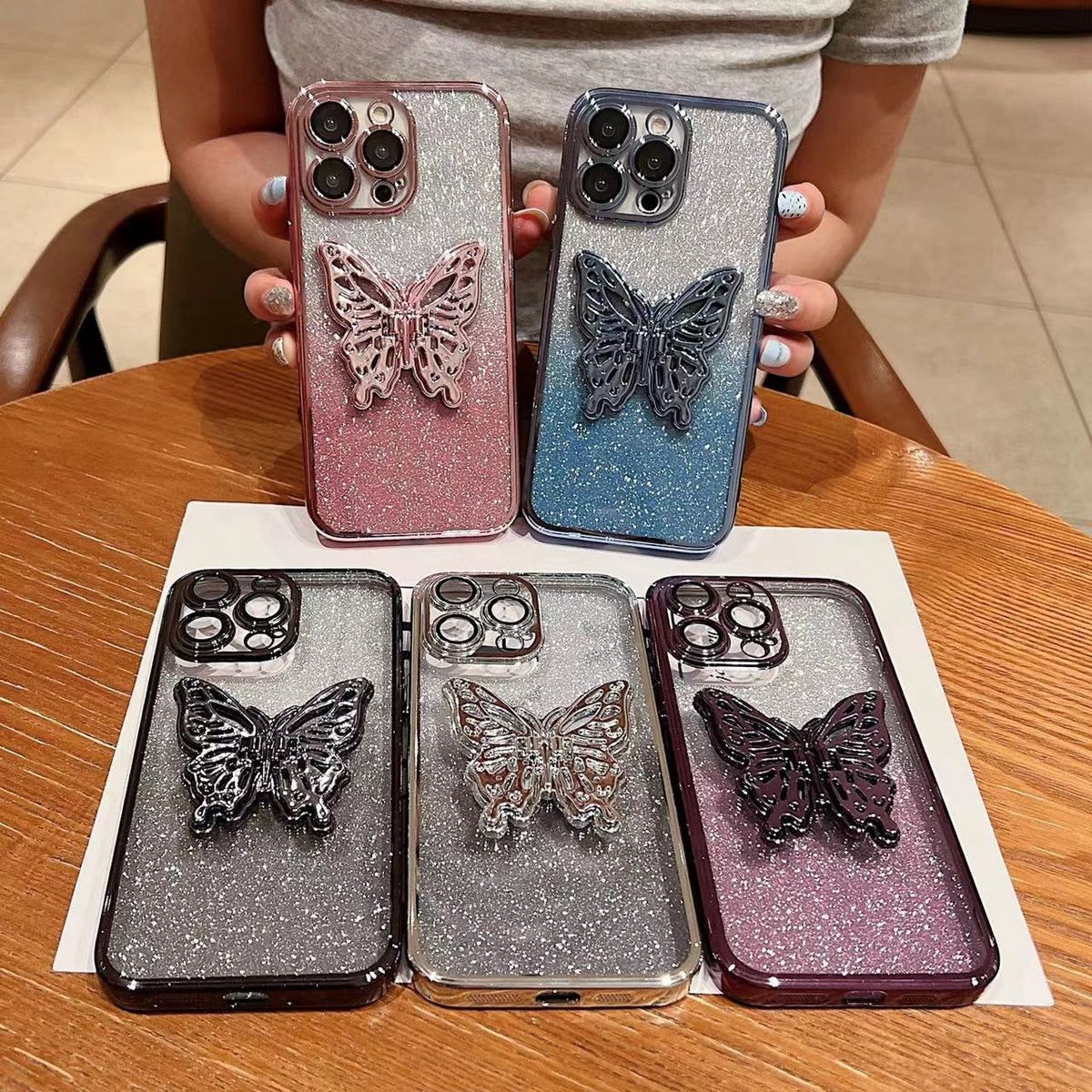 ELECTROPRIME For iPhone 15 Plus Electroplated Gradient Glitter 3D Butterfly TPU Phone Case(Gradient Blue)