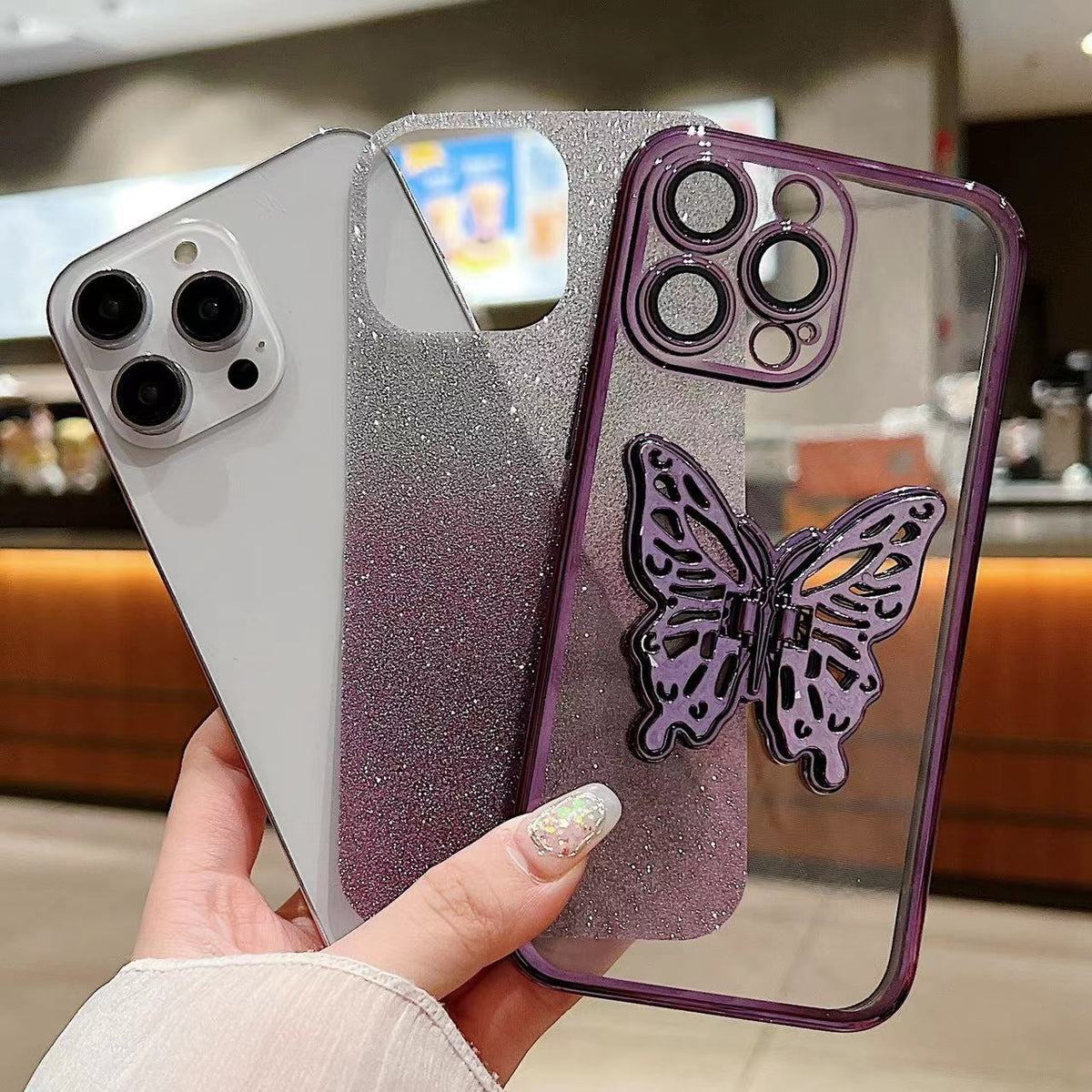 ELECTROPRIME For iPhone 15 Plus Electroplated Gradient Glitter 3D Butterfly TPU Phone Case(Gradient Blue)