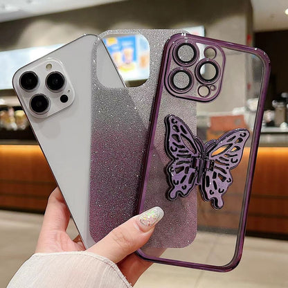 ELECTROPRIME For iPhone 15 Plus Electroplated Gradient Glitter 3D Butterfly TPU Phone Case(Gradient Blue)