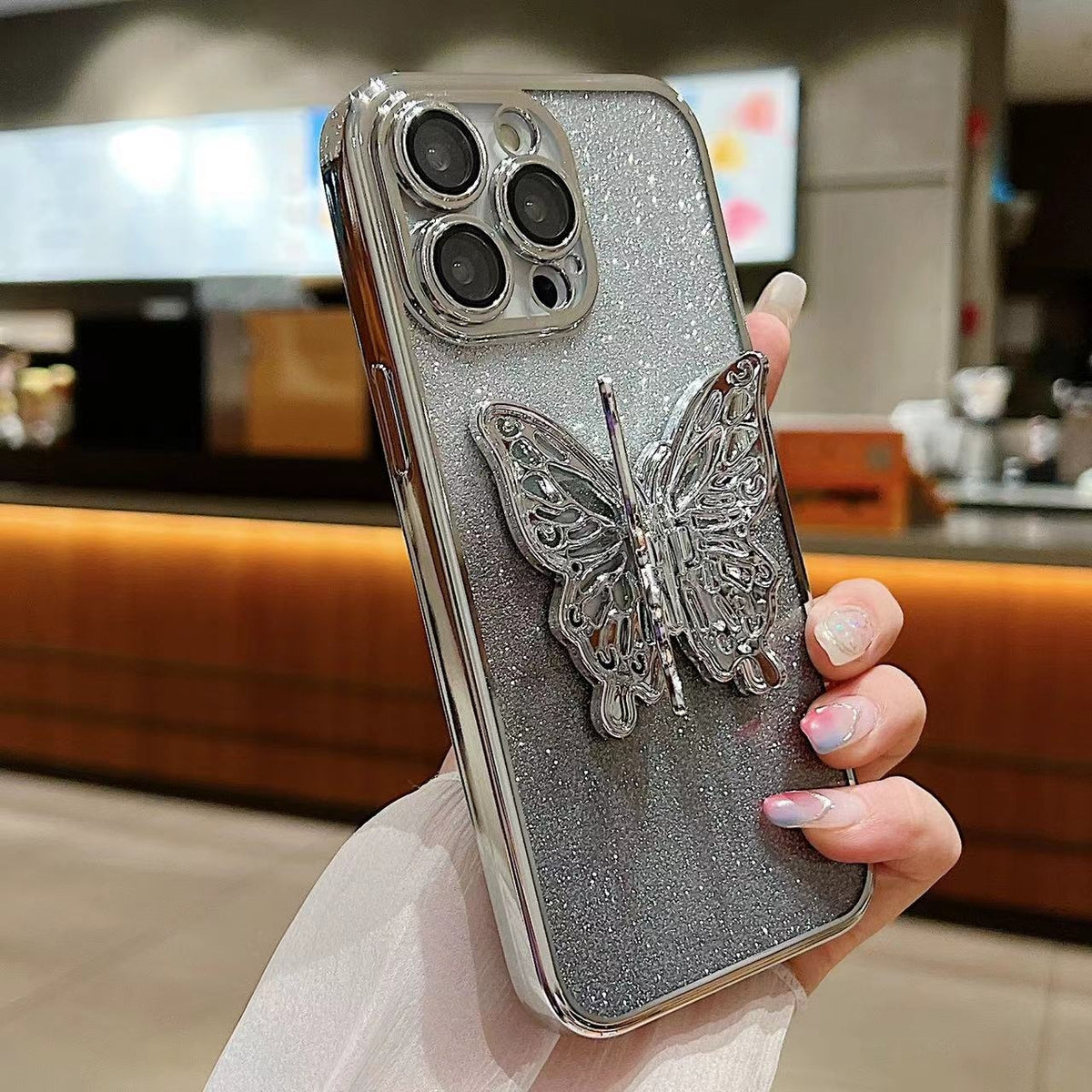 ELECTROPRIME For iPhone 15 Plus Electroplated Gradient Glitter 3D Butterfly TPU Phone Case(Gradient Blue)
