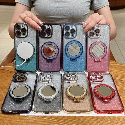 ELECTROPRIME For iPhone 15 Plus Plated Mirror Holder Gradient Glitter MagSafe Phone Case(Gray)