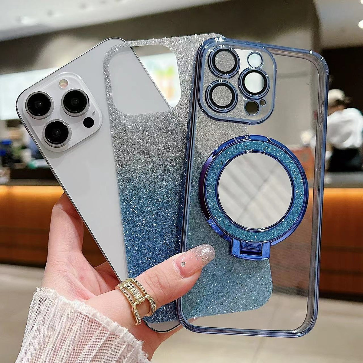 ELECTROPRIME For iPhone 15 Plus Plated Mirror Holder Gradient Glitter MagSafe Phone Case(Gray)