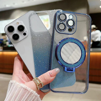 ELECTROPRIME For iPhone 15 Plus Plated Mirror Holder Gradient Glitter MagSafe Phone Case(Gray)