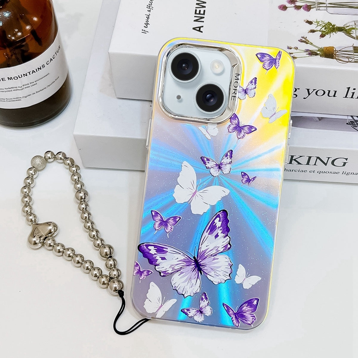 ELECTROPRIME For iPhone 15 Electroplating Laser Butterfly Phone Case with Wrist Strap(White Purple Butterflies AB6)