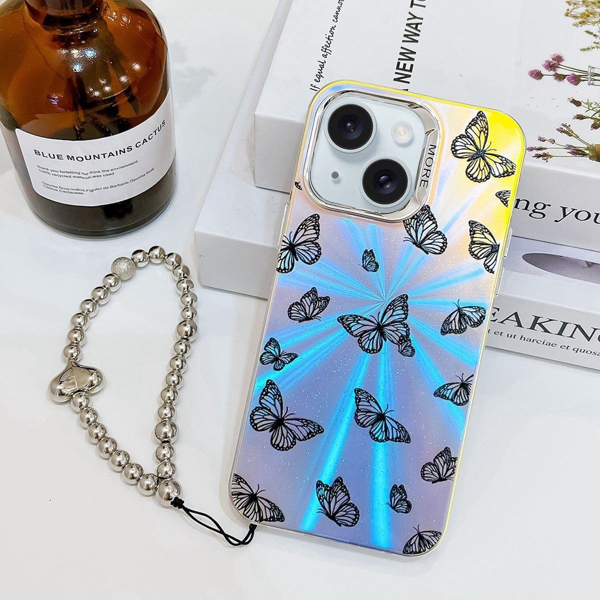 ELECTROPRIME For iPhone 15 Electroplating Laser Butterfly Phone Case with Wrist Strap(Black Butterflies AB5)