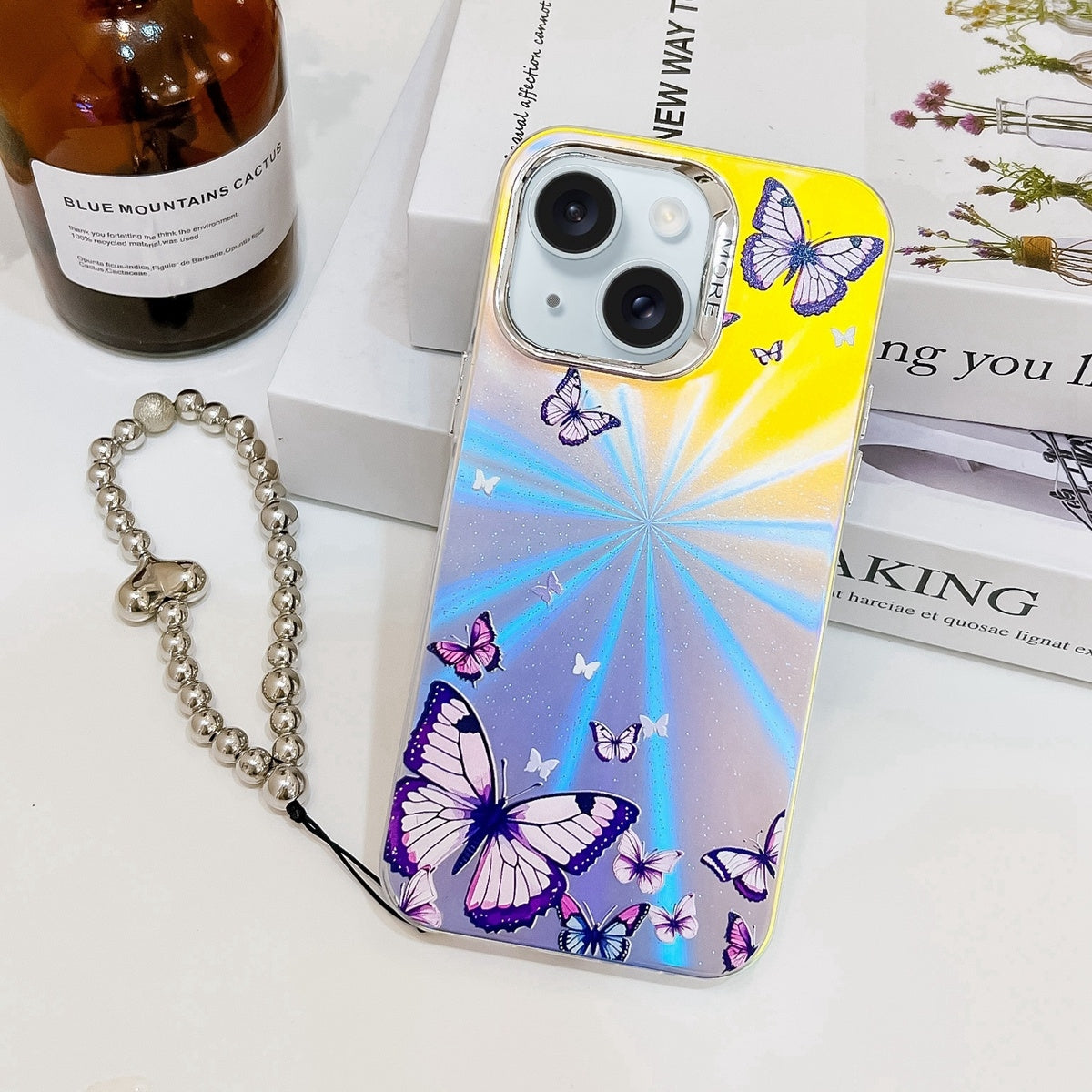 ELECTROPRIME For iPhone 15 Electroplating Laser Butterfly Phone Case with Wrist Strap(Purple Butterflies AB3)