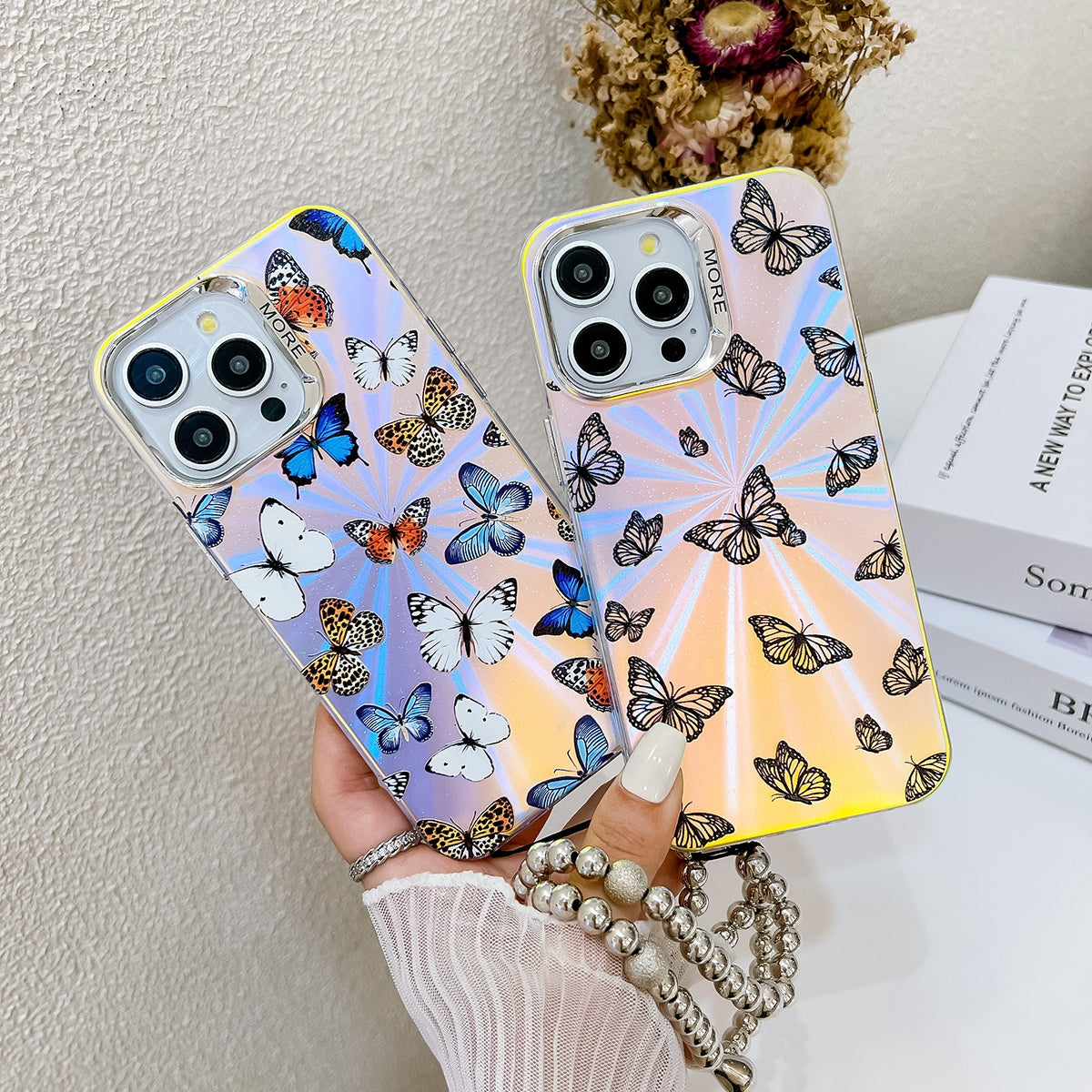 ELECTROPRIME For iPhone 15 Electroplating Laser Butterfly Phone Case with Wrist Strap(White Purple Butterflies AB6)