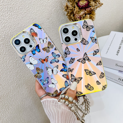 ELECTROPRIME For iPhone 15 Electroplating Laser Butterfly Phone Case with Wrist Strap(White Purple Butterflies AB6)