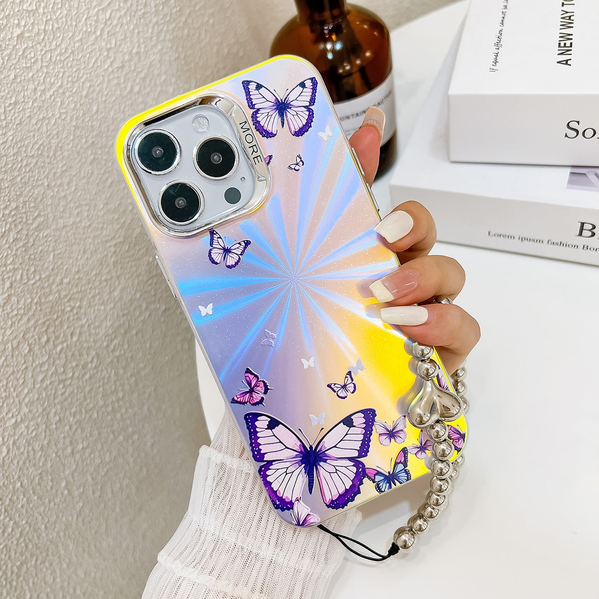 ELECTROPRIME For iPhone 15 Electroplating Laser Butterfly Phone Case with Wrist Strap(White Purple Butterflies AB6)