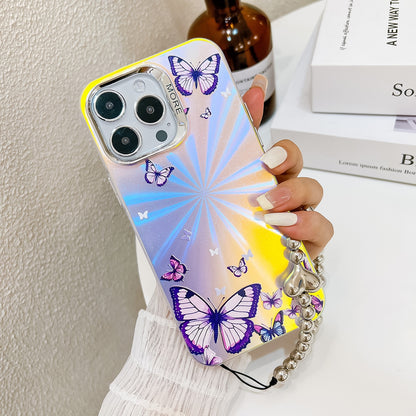 ELECTROPRIME For iPhone 15 Electroplating Laser Butterfly Phone Case with Wrist Strap(White Purple Butterflies AB6)