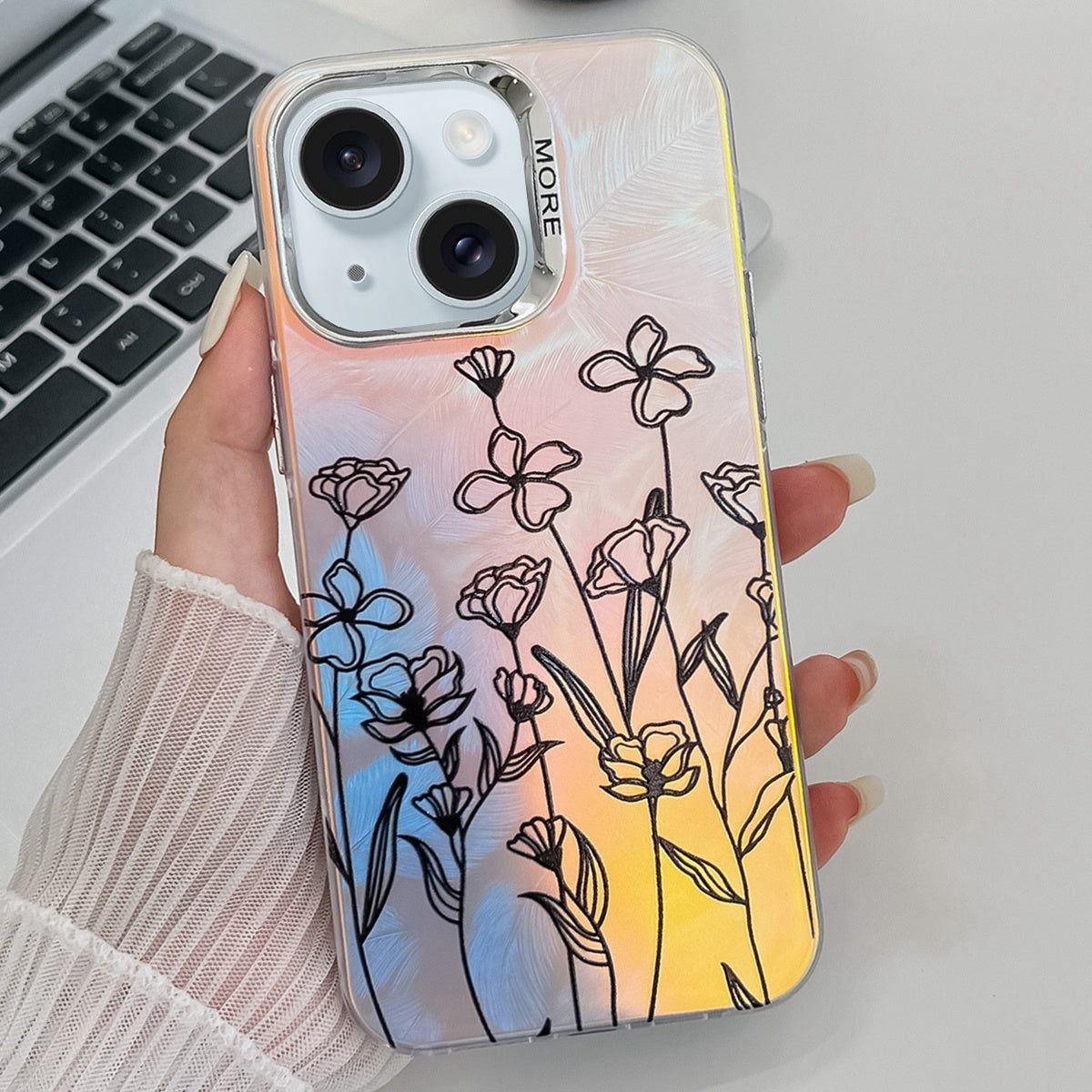 ELECTROPRIME For iPhone 15 Electroplating Laser Flower Texture TPU Phone Case(Drawn Flowers AH3)