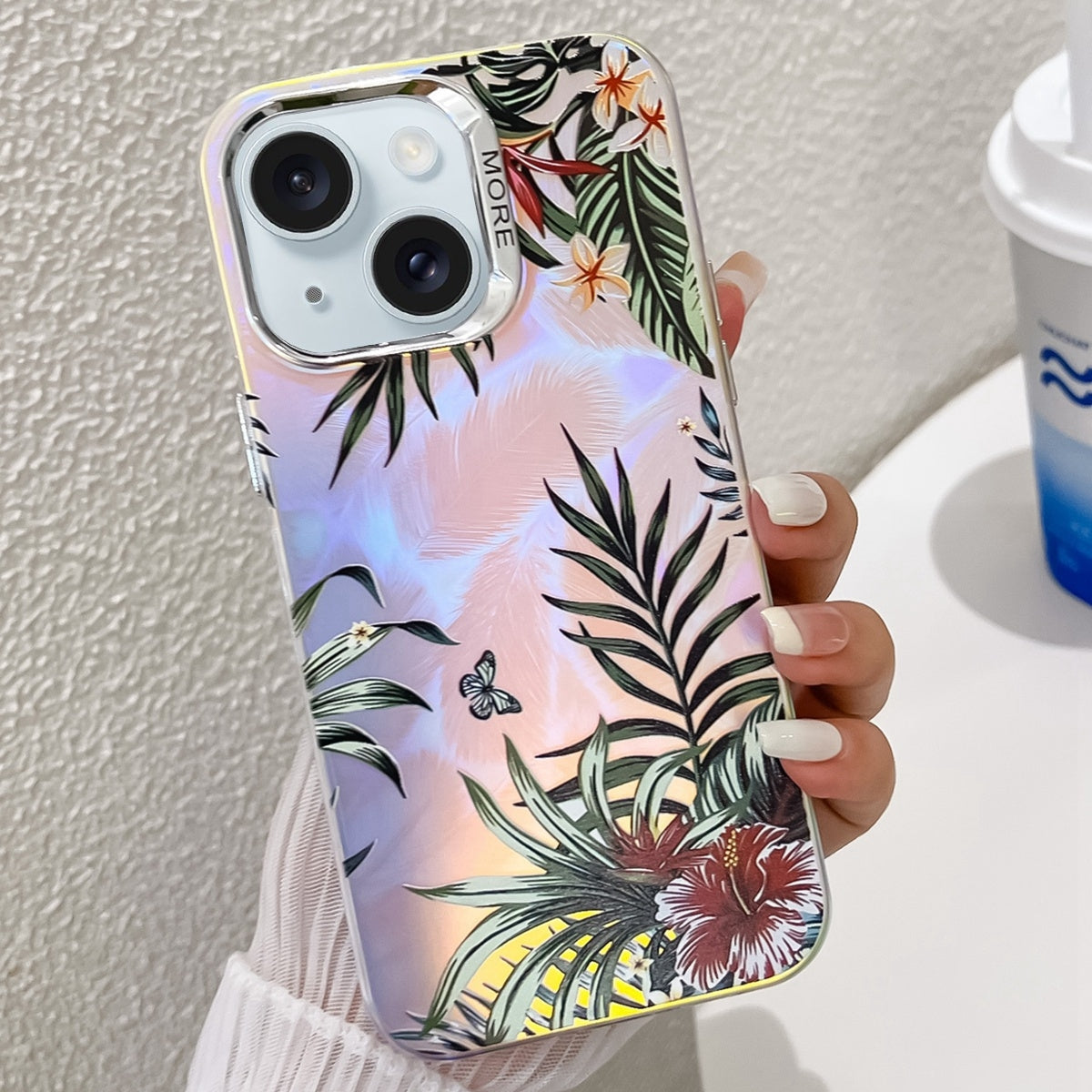 ELECTROPRIME For iPhone 15 Electroplating Laser Flower Texture TPU Phone Case(Leaves AH12)